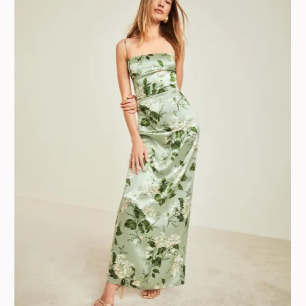 NWOT Reformation Frankie Silk Dress in Tea Garden Green Floral Maxi